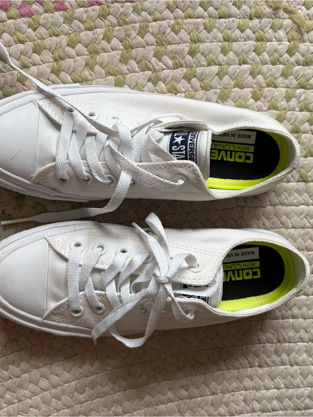 Converse White Low Top Sneakers with Neon Yellow Insoles